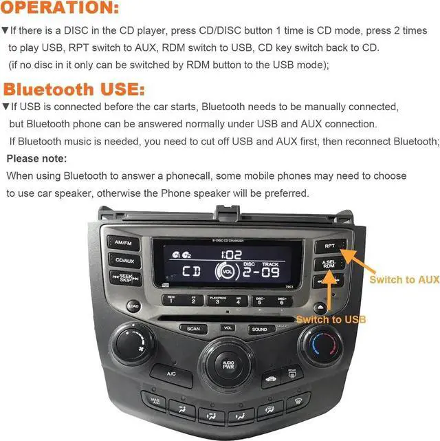 Alt view image 6 of 7 - Bluetooth Car Kit, 3 in 1 Audio Input Adapter with AUX USB for Honda Accord Civic CRV Odyssey Fit Pilot Element Ridgeline Acura MDX TSX CSX