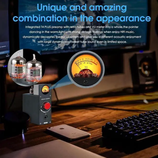 Alt view image 5 of 7 - T4 Plus Vacuum Tube Phono Preamplifier, MM/MC Turnt Audio Preamp, GE5654 Headphone Amp with VU Meter for Record Player Home Stereo