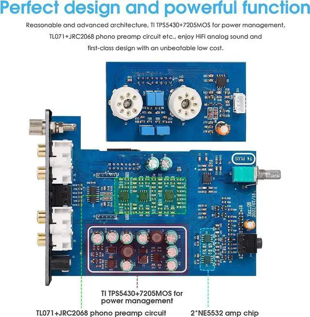 Alt view image 4 of 7 - T4 Plus Vacuum Tube Phono Preamplifier, MM/MC Turnt Audio Preamp, GE5654 Headphone Amp with VU Meter for Record Player Home Stereo