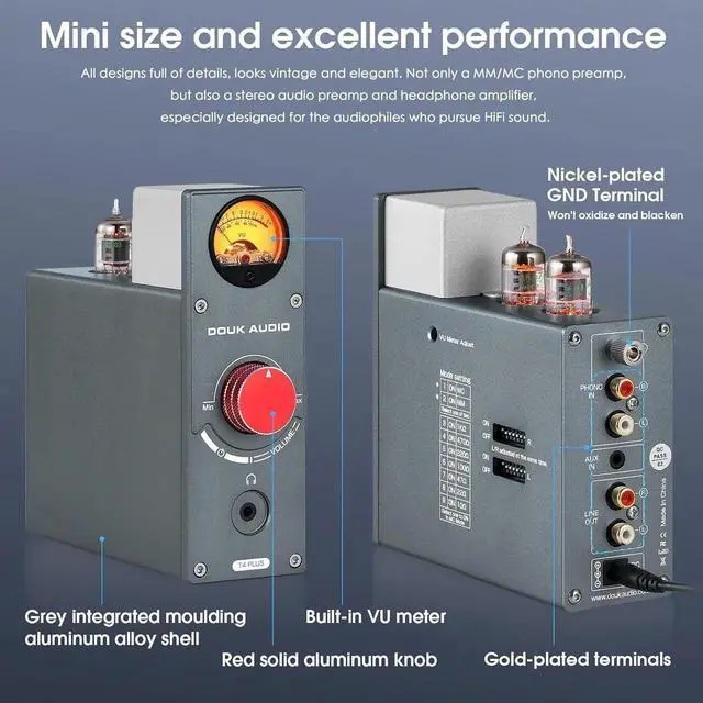 Alt view image 7 of 7 - T4 Plus Vacuum Tube Phono Preamplifier, MM/MC Turnt Audio Preamp, GE5654 Headphone Amp with VU Meter for Record Player Home Stereo