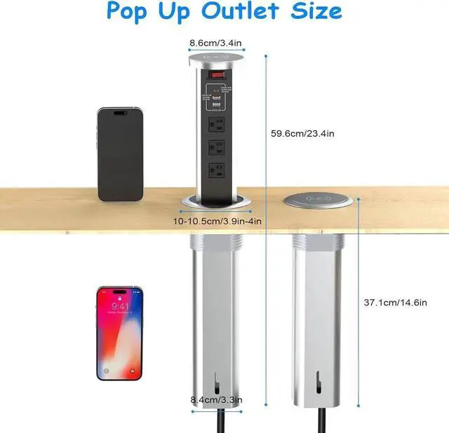 Alt view image 3 of 7 - Pop up Outlet for Countertop, 4inch Recessed Power Strip with 15W Wireless Charger, PD 20W USB C, 2 A,3 AC Outlets, Hidden 6FT Extension Cords Kitchen,Conference (Black)