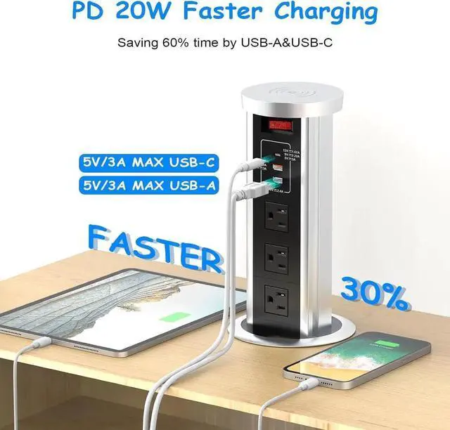 Alt view image 7 of 7 - Pop up Outlet for Countertop, 4inch Recessed Power Strip with 15W Wireless Charger, PD 20W USB C, 2 A,3 AC Outlets, Hidden 6FT Extension Cords Kitchen,Conference (Black)