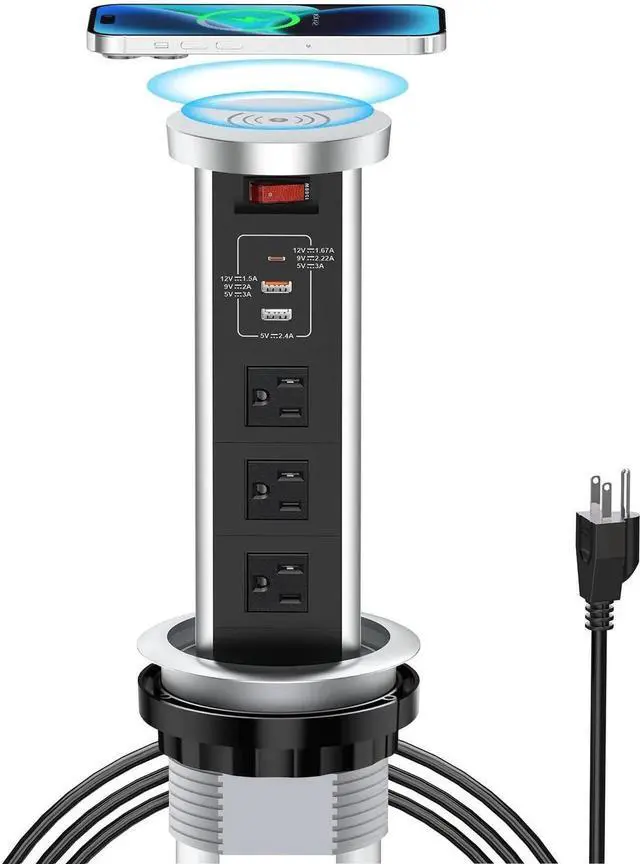 Main image of Pop up Outlet for Countertop, 4inch Recessed Power Strip with 15W Wireless Charger, PD 20W USB C, 2 A,3 AC Outlets, Hidden 6FT Extension Cords Kitchen,Conference (Black)