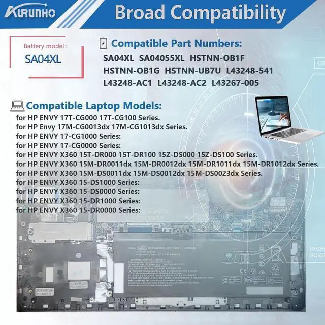 Alt view image 4 of 5 - AURUNHO SA04XL l43267-005 55.67Wh Laptop Battery Replacement for Envy X360 15-DR 15-DR0010TX Series L43248-541 L43248-AC1 L43248-AC2 HSTNN-OB1F HSTNN-OB1G HSTNN-UB7U SAO4XL 15.12V 55.67Wh
