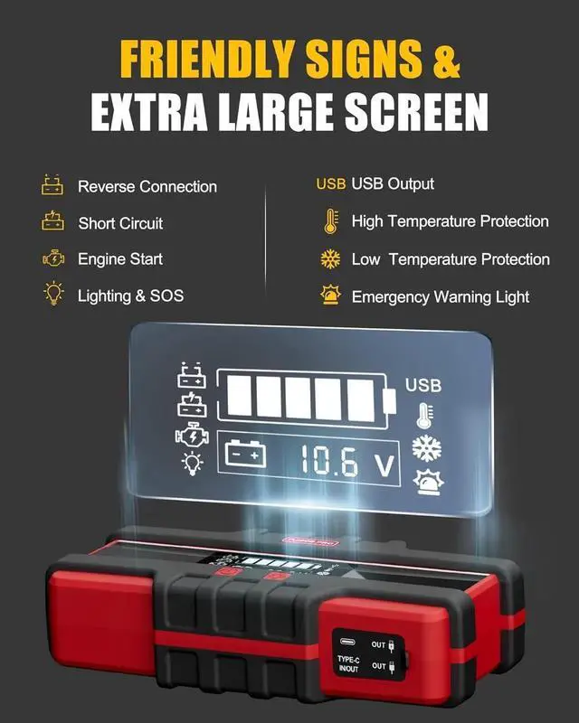 Alt view image 6 of 7 - PJS06 Pro 6000A Car Jump Starter (All Gas & 12L Diesel), 74Wh Portable Power Bank with 40W Fast Charge, Smart LCD Voltage Display, Large Screen Warning Light, 10-Safety Protections