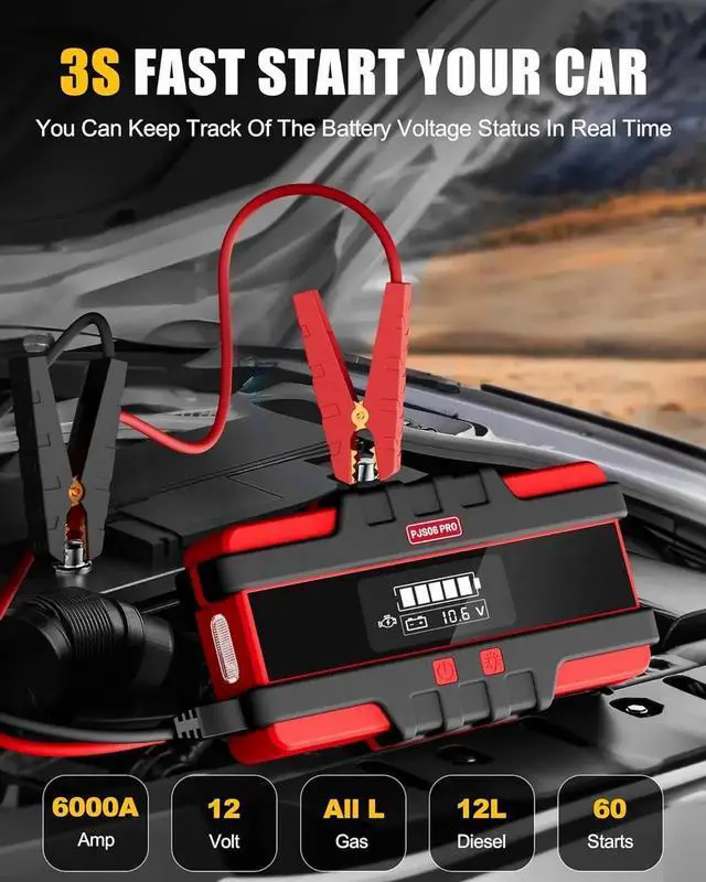 Alt view image 3 of 7 - PJS06 Pro 6000A Car Jump Starter (All Gas & 12L Diesel), 74Wh Portable Power Bank with 40W Fast Charge, Smart LCD Voltage Display, Large Screen Warning Light, 10-Safety Protections