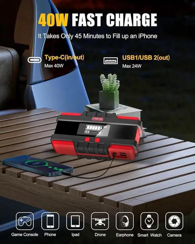 Alt view image 4 of 7 - PJS06 Pro 6000A Car Jump Starter (All Gas & 12L Diesel), 74Wh Portable Power Bank with 40W Fast Charge, Smart LCD Voltage Display, Large Screen Warning Light, 10-Safety Protections