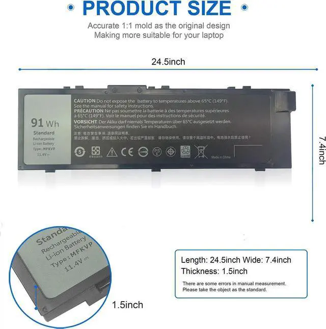 Alt view image 3 of 5 - Wymisnit 91Wh MFKVP T05W1 Battery for Dell Precision 15 7510 7520 M7510 17 7710 7720 M7710 Series, TO5W1 0TWCPG 451-BBSF 451-BBSB TWCPG GR5D3 0FNY7 1G9VM M28DH, 72Wh T05W1 11.1V / 91Wh MFKVP 11.4V