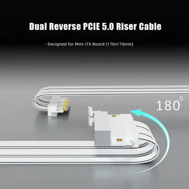 Alt view image 4 of 7 - Double Reverse PCIE 5.0 Riser Cable for Mini-ITX Motherboard (170x170mm) Installation, RTX5090(Ti) RX9070(XT) GPU Ready, Length 185mm, White Color