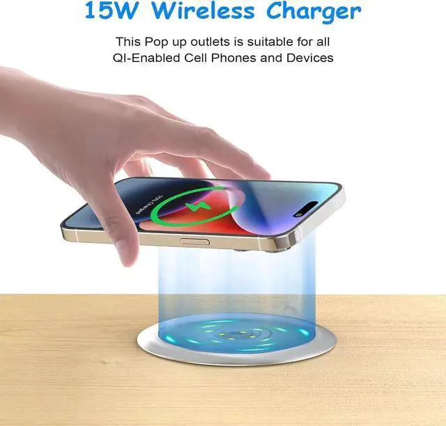 Alt view image 6 of 7 - Pop up Outlet for Countertop, 4inch Recessed Power Strip with 15W Wireless Charger, PD 20W USB C, 2 A,3 AC Outlets, Hidden 6FT Extension Cords Kitchen,Conference (Black)