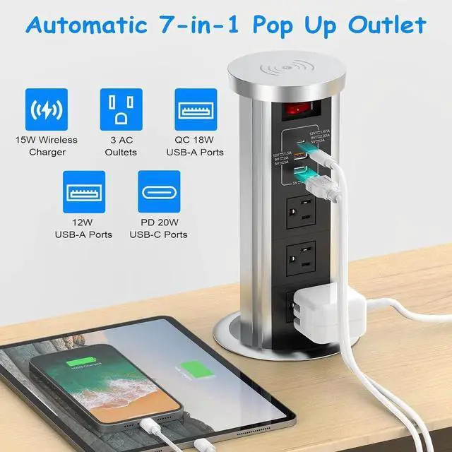 Alt view image 4 of 7 - Pop up Outlet for Countertop, 4inch Recessed Power Strip with 15W Wireless Charger, PD 20W USB C, 2 A,3 AC Outlets, Hidden 6FT Extension Cords Kitchen,Conference (Black)