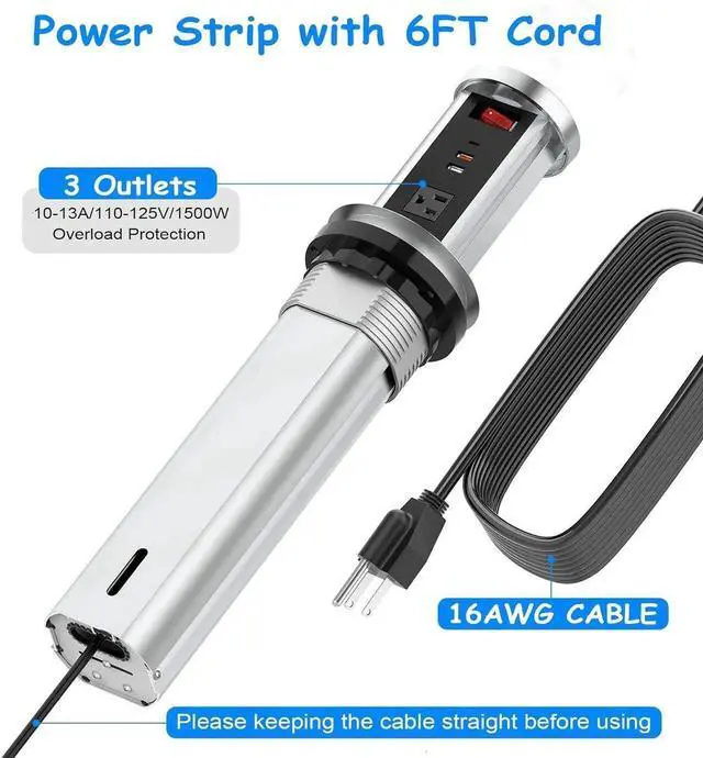 Alt view image 5 of 7 - Pop up Outlet for Countertop, 4inch Recessed Power Strip with 15W Wireless Charger, PD 20W USB C, 2 A,3 AC Outlets, Hidden 6FT Extension Cords Kitchen,Conference (Black)