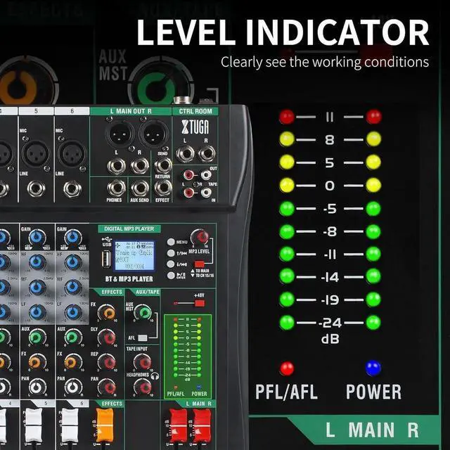 Alt view image 4 of 7 - Audio Mixer Sound Board Console 6 Channel for Recording Controller Audio Interface PC USB Bluetooth with Digital Effect 48V Phantom Power Input CT60