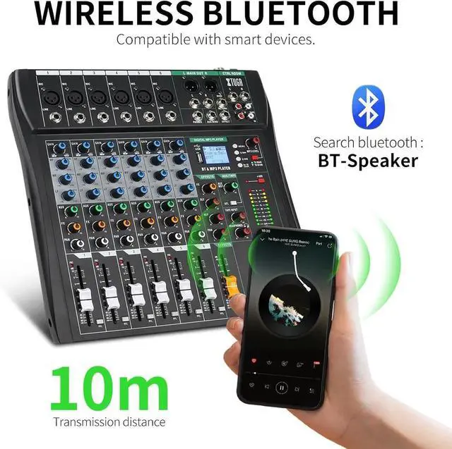 Alt view image 7 of 7 - Audio Mixer Sound Board Console 6 Channel for Recording Controller Audio Interface PC USB Bluetooth with Digital Effect 48V Phantom Power Input CT60