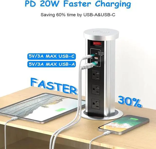 Alt view image 7 of 7 - Pop up Outlet for Countertop, 4inch Recessed Power Strip with 15W Wireless Charger, PD 20W USB C, 2 A,3 AC Outlets, Hidden 6FT Extension Cords Kitchen,Conference (Black)