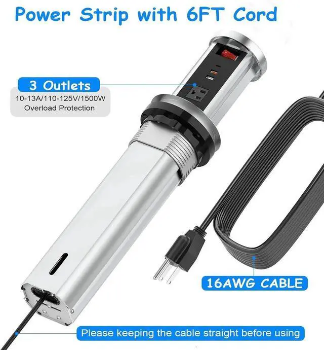 Alt view image 5 of 7 - Pop up Outlet for Countertop, 4inch Recessed Power Strip with 15W Wireless Charger, PD 20W USB C, 2 A,3 AC Outlets, Hidden 6FT Extension Cords Kitchen,Conference (Black)