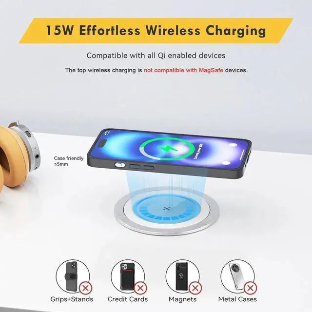 Alt view image 5 of 7 - Pop Up Outlet for Countertop Kitchen, 15W Wireless Charger, 75W USB C Counter Top Electrical Power, 8 Outlets & 4 Ports, 4"Hole Recessed Popup Island Conference Table Office