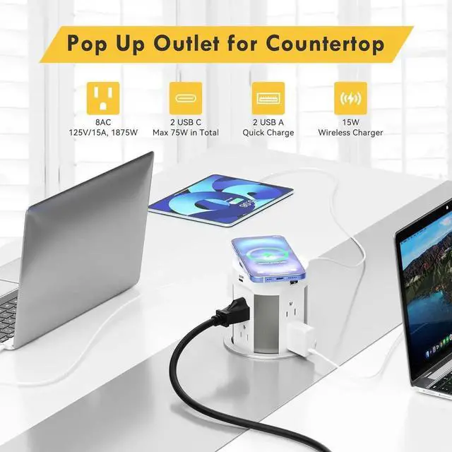 Alt view image 6 of 7 - Pop Up Outlet for Countertop Kitchen, 15W Wireless Charger, 75W USB C Counter Top Electrical Power, 8 Outlets & 4 Ports, 4"Hole Recessed Popup Island Conference Table Office