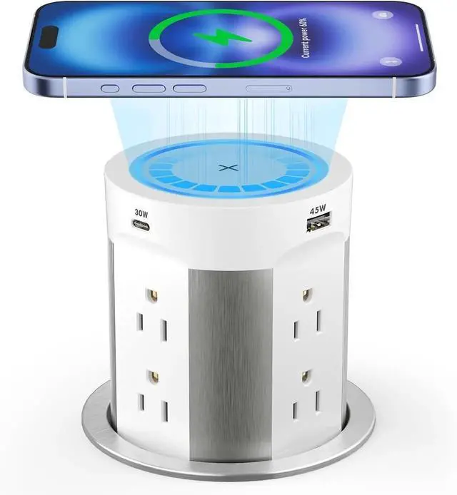 Main image of Pop Up Outlet for Countertop Kitchen, 15W Wireless Charger, 75W USB C Counter Top Electrical Power, 8 Outlets & 4 Ports, 4"Hole Recessed Popup Island Conference Table Office