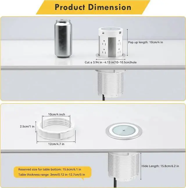 Alt view image 2 of 7 - Pop Up Outlet for Countertop Kitchen, 15W Wireless Charger, 75W USB C Counter Top Electrical Power, 8 Outlets & 4 Ports, 4"Hole Recessed Popup Island Conference Table Office