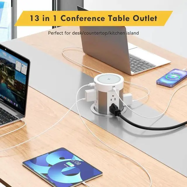 Alt view image 7 of 7 - Pop Up Outlet for Countertop Kitchen, 15W Wireless Charger, 75W USB C Counter Top Electrical Power, 8 Outlets & 4 Ports, 4"Hole Recessed Popup Island Conference Table Office