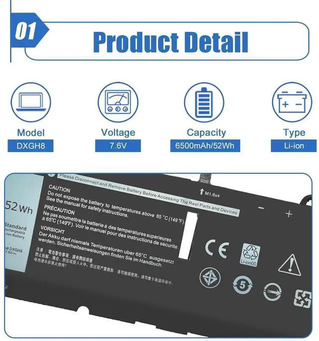 Alt view image 3 of 5 - Dentsing 52Wh DXGH8 Laptop Battery for XPS 13 9370 9380 7390 2019 13 7000 7390 7391 2-in-1 5390 5391 14 7400 7490 Latitude 3301 5390 5391 7400 7490 Series Notebook G8VCF P82