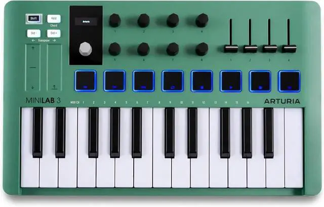 Main image of MiniLab 3 Limited Edition Mint Green 25 Key USB MIDI Keyboard Controller With 8 Multi-Color Drum Pads, 8 Knobs and Music Production Software Included