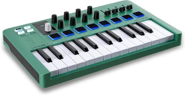 Alt view image 3 of 6 - MiniLab 3 Limited Edition Mint Green 25 Key USB MIDI Keyboard Controller With 8 Multi-Color Drum Pads, 8 Knobs and Music Production Software Included