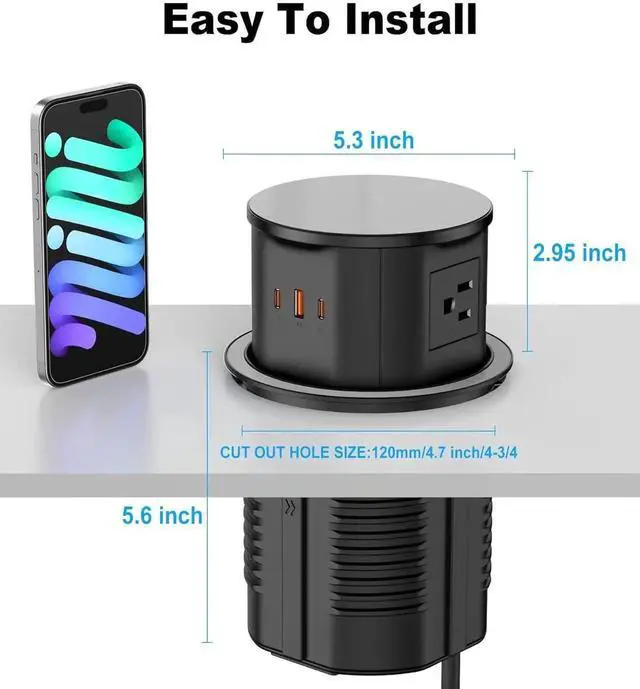 Alt view image 6 of 7 - 4.75" Pop Up Countertop Outlet with 20W USB-C, Space Saver Desktop Power Grommet, 4 AC Outlets & 3 USB Ports for Home Office (10FT)
