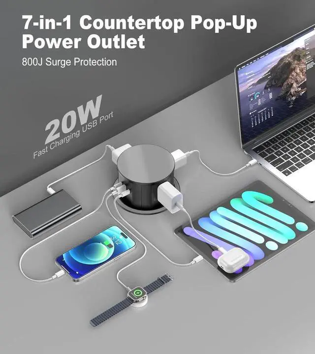 Alt view image 2 of 7 - 4.75" Pop Up Countertop Outlet with 20W USB-C, Space Saver Desktop Power Grommet, 4 AC Outlets & 3 USB Ports for Home Office (10FT)