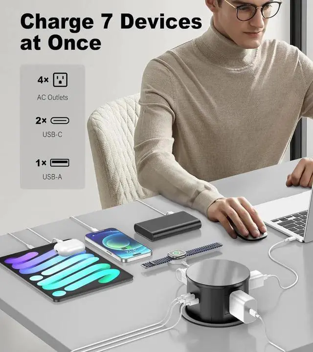 Alt view image 5 of 7 - 4.75" Pop Up Countertop Outlet with 20W USB-C, Space Saver Desktop Power Grommet, 4 AC Outlets & 3 USB Ports for Home Office (10FT)