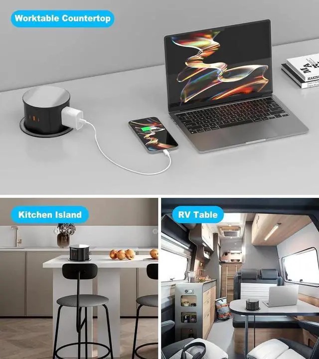 Alt view image 7 of 7 - 4.75" Pop Up Countertop Outlet with 20W USB-C, Space Saver Desktop Power Grommet, 4 AC Outlets & 3 USB Ports for Home Office (10FT)