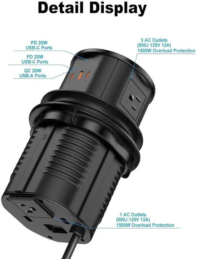 Alt view image 4 of 7 - 4.75" Pop Up Countertop Outlet with 20W USB-C, Space Saver Desktop Power Grommet, 4 AC Outlets & 3 USB Ports for Home Office (10FT)