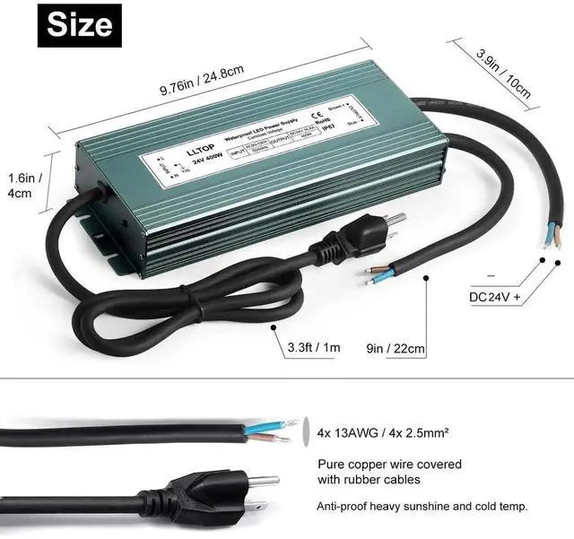 Alt view image 6 of 7 - LED Driver 400 Watts 110V/120V AC to 24V DC 16.6A Power Supply Waterproof Low Voltage Transformer Converter for Indoor Outdoor LED Lights