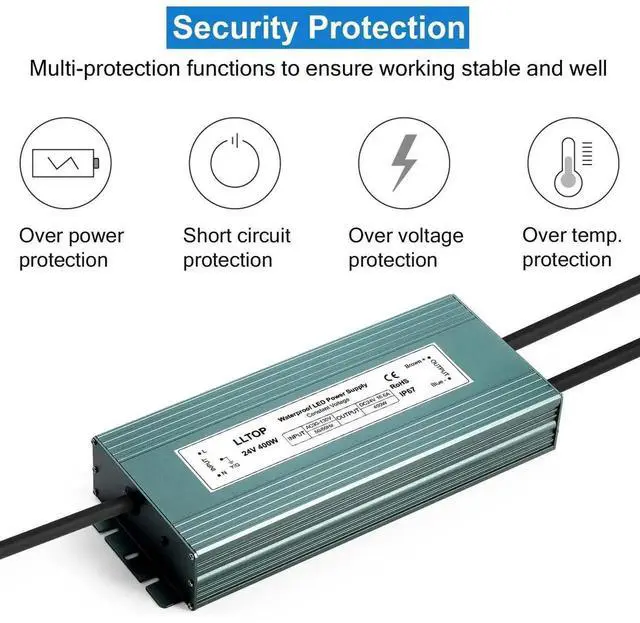 Alt view image 7 of 7 - LED Driver 400 Watts 110V/120V AC to 24V DC 16.6A Power Supply Waterproof Low Voltage Transformer Converter for Indoor Outdoor LED Lights