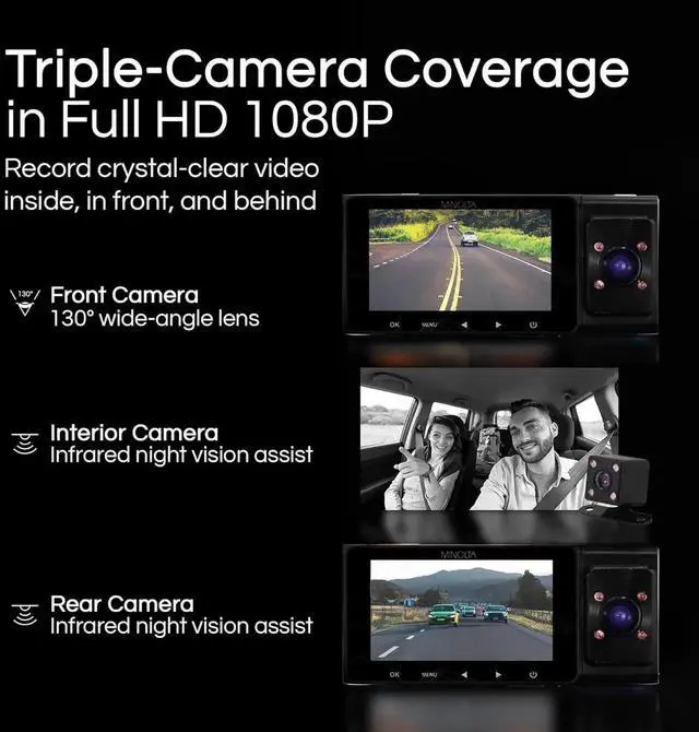 Alt view image 2 of 5 - Dash Camera 3-Channel 1080P Car DVR with Rear & Interior Cam, Night Vision, 3.0 LCD Screen, G-Sensor, Loop Recording, Parking Monitor, Motion Detection, 32GB Card (Black)