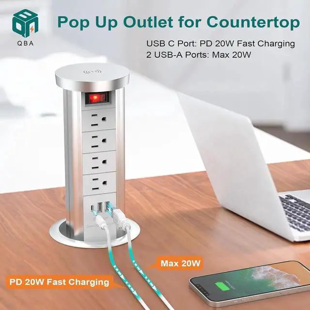 Alt view image 2 of 7 - Pop Up Outlet for Countertop with PD 20W USB C, Recessed 4 AC Outlets 3 Ports and 10W Wireless Charger, Flush Mount Power Strip Kitchen Island Office(White)