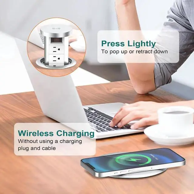 Alt view image 6 of 7 - Pop Up Outlet for Countertop with PD 20W USB C, Recessed 4 AC Outlets 3 Ports and 10W Wireless Charger, Flush Mount Power Strip Kitchen Island Office(White)