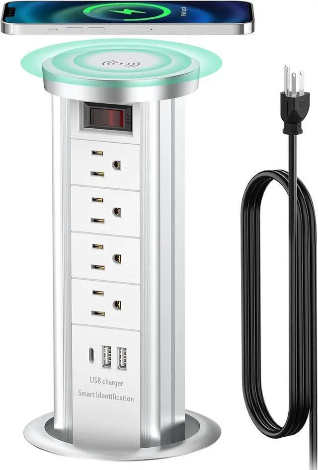 Main image of Pop Up Outlet for Countertop with PD 20W USB C, Recessed 4 AC Outlets 3 Ports and 10W Wireless Charger, Flush Mount Power Strip Kitchen Island Office(White)