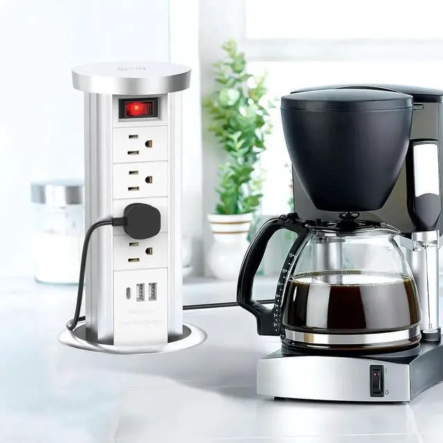 Alt view image 5 of 7 - Pop Up Outlet for Countertop with PD 20W USB C, Recessed 4 AC Outlets 3 Ports and 10W Wireless Charger, Flush Mount Power Strip Kitchen Island Office(White)