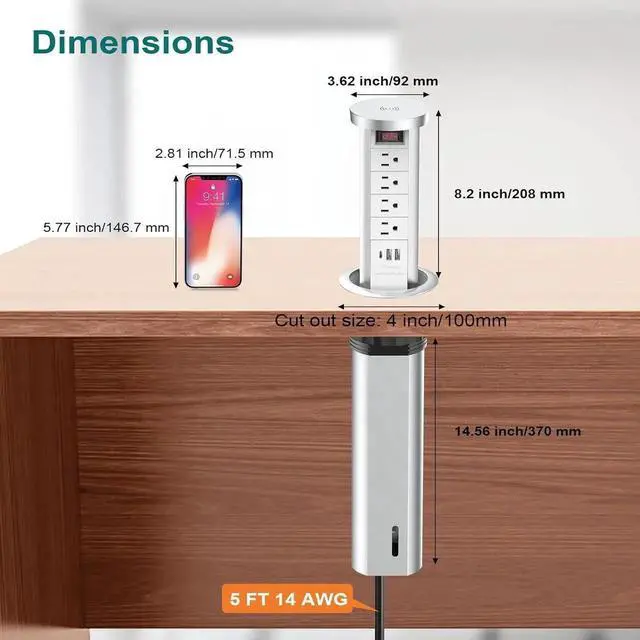 Alt view image 4 of 7 - Pop Up Outlet for Countertop with PD 20W USB C, Recessed 4 AC Outlets 3 Ports and 10W Wireless Charger, Flush Mount Power Strip Kitchen Island Office(White)