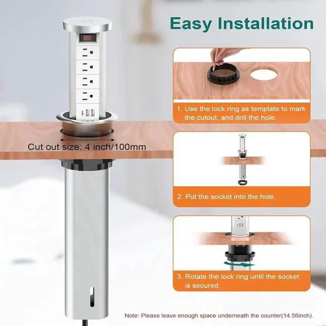 Alt view image 3 of 7 - Pop Up Outlet for Countertop with PD 20W USB C, Recessed 4 AC Outlets 3 Ports and 10W Wireless Charger, Flush Mount Power Strip Kitchen Island Office(White)