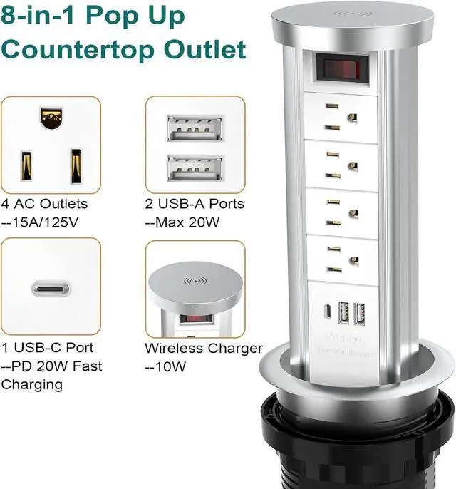 Alt view image 7 of 7 - Pop Up Outlet for Countertop with PD 20W USB C, Recessed 4 AC Outlets 3 Ports and 10W Wireless Charger, Flush Mount Power Strip Kitchen Island Office(White)