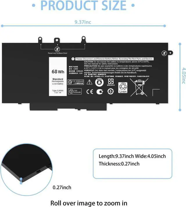 Alt view image 5 of 5 - 68WH GJKNX Battery Replacement for Dell Latitude 5480 5580 5280 5288 5488 5590 5591 5490 5491 5495 E5480 E5580 E5490 E5590 Precision 15 3520 3530 Series GD1JP DY9NT 5YHR4 451-BBZG 7.6V 4-Cell