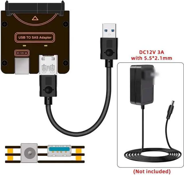Alt view image 4 of 7 - SFF-8482 SAS 29Pin to USB3.0 5Gbps Hard Disk Drive Raid Adapter with Chipset and Power Port (Need 12V/3A Power Supply)