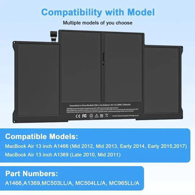 Alt view image 5 of 5 - Ymawetia A1466 Battery Replacement for MacBook Air 13 inch A1466 Mid 2012, Mid 2013, Early 2014, Early 2015,2017 comaptible with A1369 Late 2010, Mid 2011 Version A1496 A1405 A1377, 7200mAh