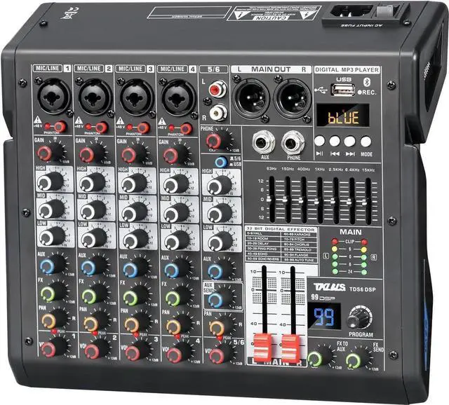 Main image of Audio Mixer, 6-Channel Professional DJ Mixer with 99-Bit DSP Effects, 7-Band EQ, 48V Phantom Power, MP3/Computer Input - Studio Audio Mixing Console for Recording & Live Performances