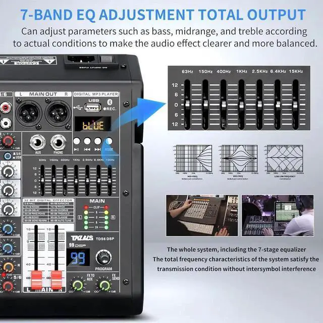 Alt view image 4 of 7 - Audio Mixer, 6-Channel Professional DJ Mixer with 99-Bit DSP Effects, 7-Band EQ, 48V Phantom Power, MP3/Computer Input - Studio Audio Mixing Console for Recording & Live Performances