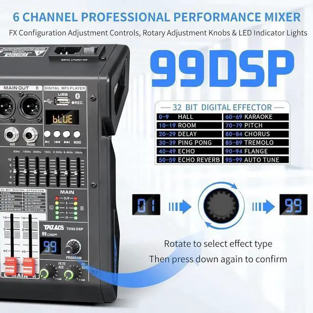Alt view image 6 of 7 - Audio Mixer, 6-Channel Professional DJ Mixer with 99-Bit DSP Effects, 7-Band EQ, 48V Phantom Power, MP3/Computer Input - Studio Audio Mixing Console for Recording & Live Performances