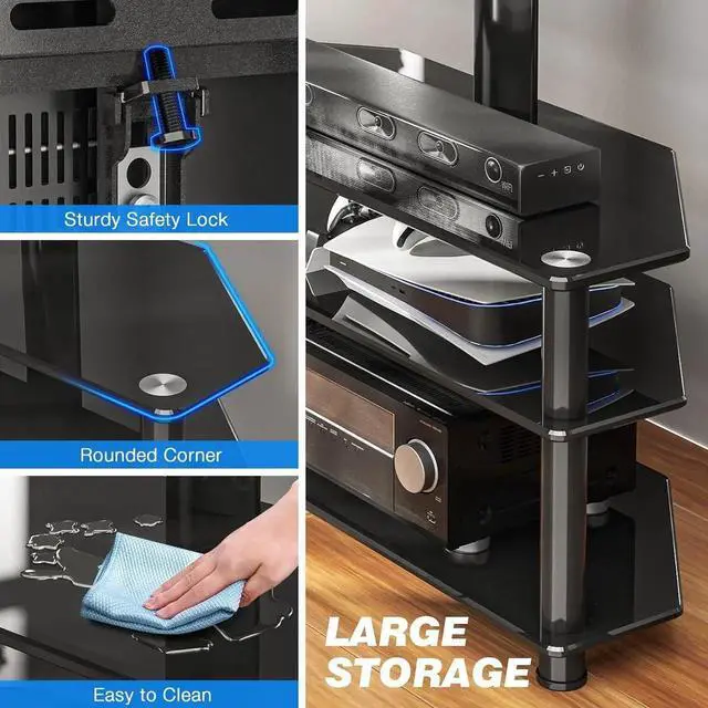 Alt view image 5 of 6 - Corner Swivel Glass TV Stand with Mount for 32-70 Inch Screen TV up to 110lbs, Height Adjust Corner TV Stand with Mount, Entertainment Center with TV Mount and 3-Tier Storage for AV Media